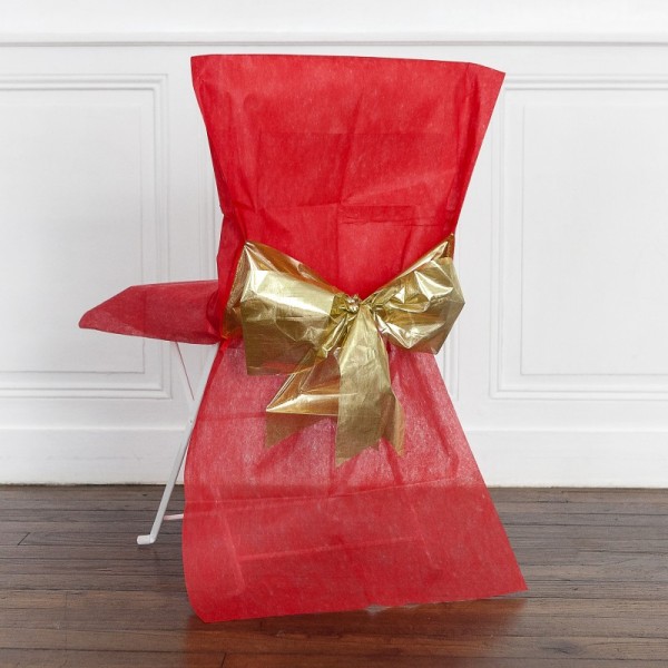 Housses de chaise (x4) avec nœud métallisé rouge / or - Photo n°2