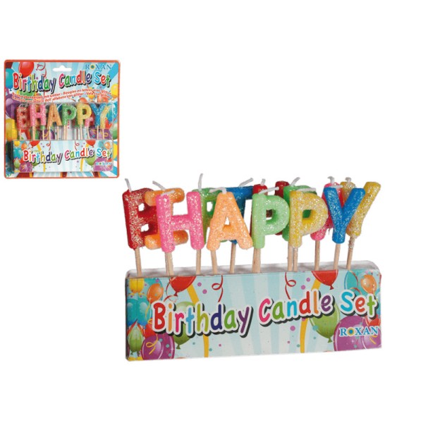 Bougies Happy Birthday multicolores et pailletées - Photo n°1
