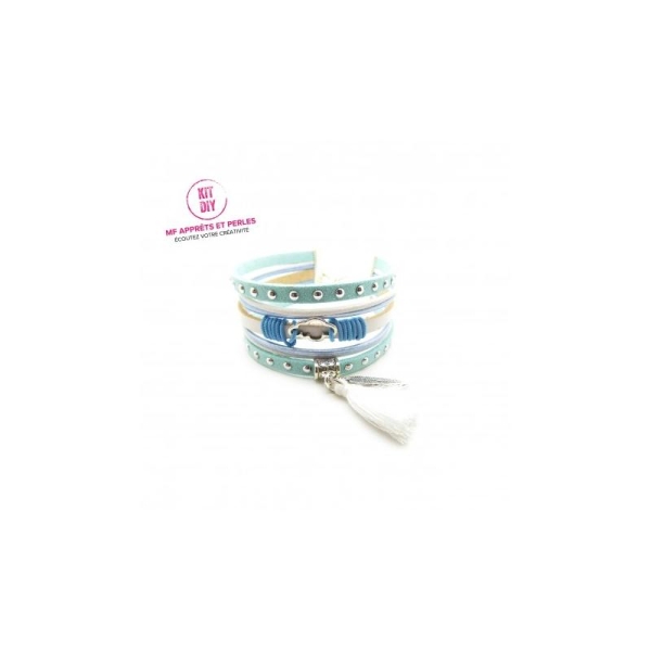 Kit bracelet suédine cloutée bleu aqua et cuir rond - par 1 pièce - Photo n°1