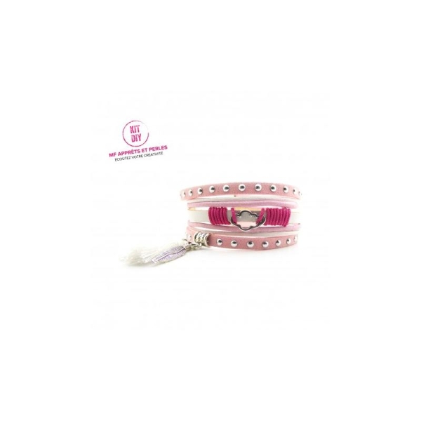 Kit bracelet suédine cloutée rose et cuir rond - par 1 pièce - Photo n°1