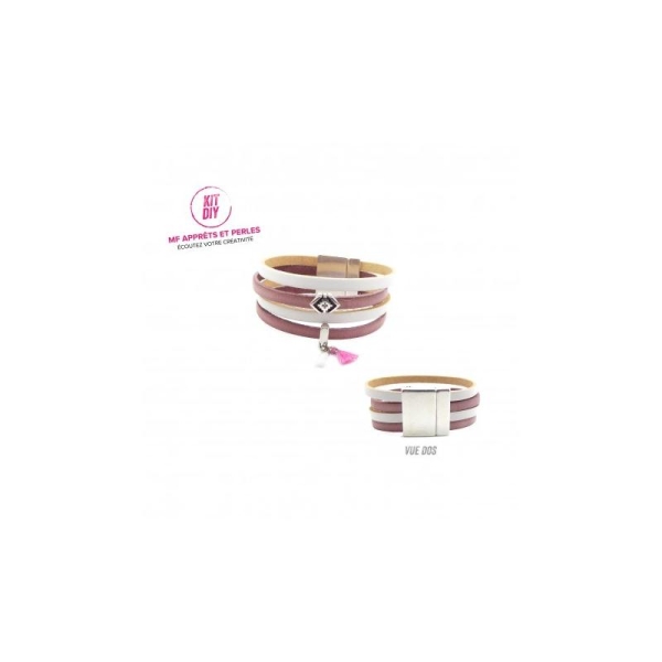 Kit bracelet cuir ton rose et blanc - passant boho - mini pompons - 1 pièce - Photo n°1