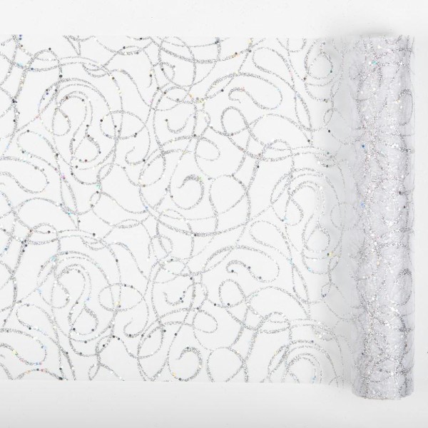 Chemin de table motifs ondulés pailletés blanc argent 28 cm - Photo n°1