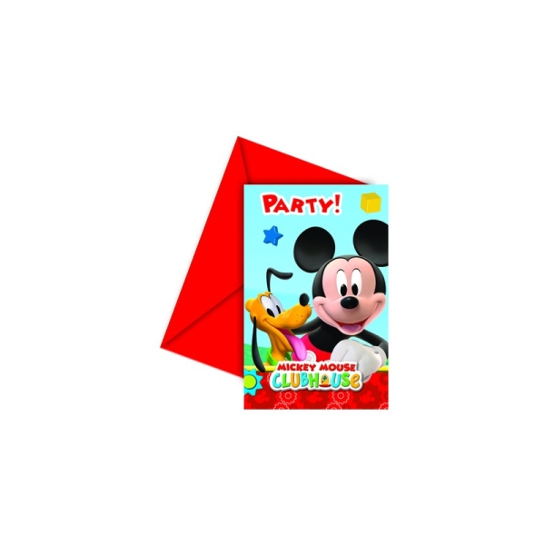 6 cartes d'invitations Mickey + enveloppes rouges - Photo n°1