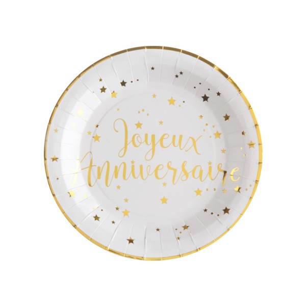 Assiettes Joyeux Anniversaire Blanc et Or (x10) - Photo n°1