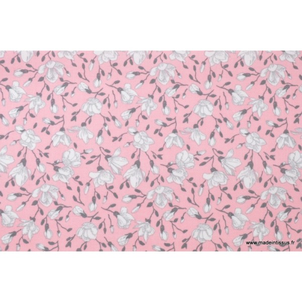 Tissu coton imprimé fleurs de magnolia rose .x1m - Photo n°1