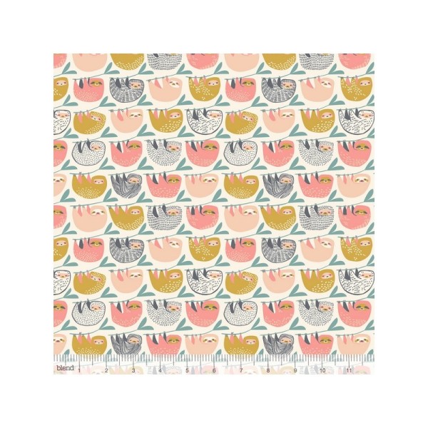 Tissu Coton imprimé paresseux roses et moutarde by Blend Fabrics .x1m - Photo n°1