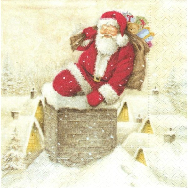 4 Serviettes en papier Père Noël dans la cheminée Format Lunch - Photo n°1