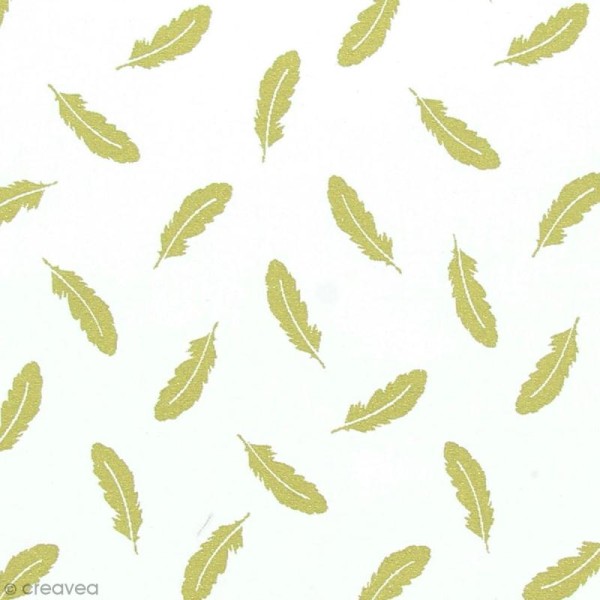 Tissu Frou Frou - Plumes dorées - Fond blanc  - A la coupe par 10 cm (sur mesure) - Photo n°1
