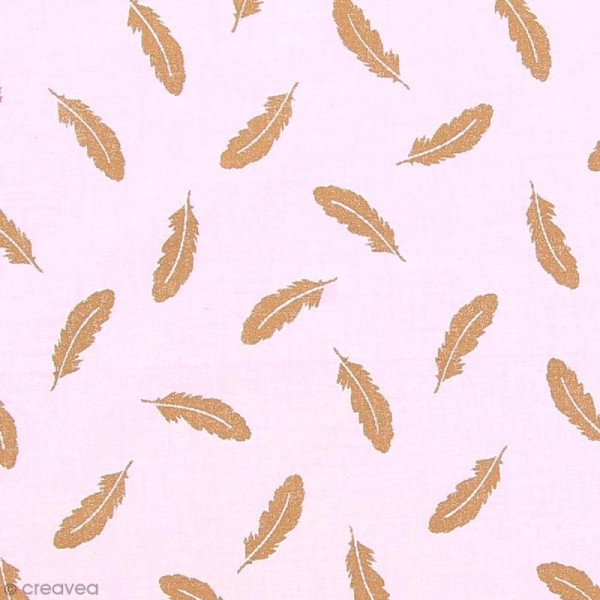 Tissu Frou Frou - Plumes cuivrées - Fond rose - A la coupe par 10 cm (sur mesure) - Photo n°1