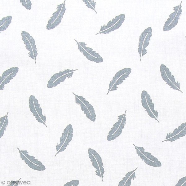 Tissu Frou Frou - Plumes argentées - Fond blanc  - A la coupe par 10 cm (sur mesure) - Photo n°1