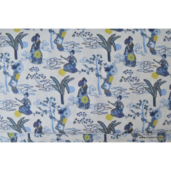 Tissu cretonne coton imprimée Geisha ou Geiko bleu .x1m - Photo n°1