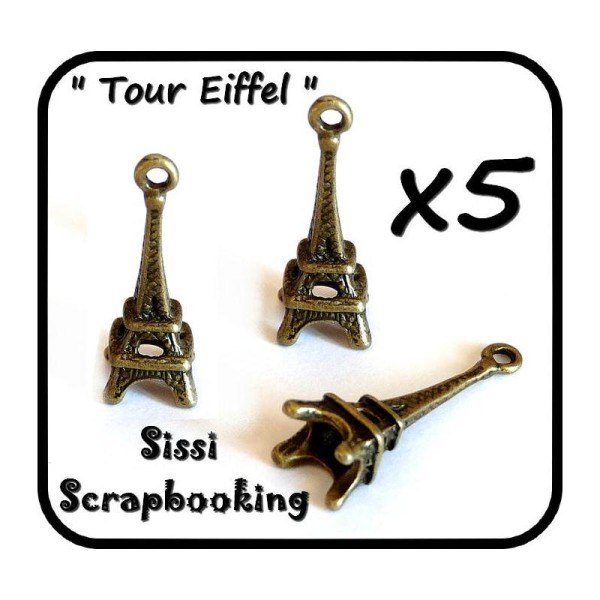 Lot 5 Charms Breloques Bronze Tour Eiffel Paris Scrapbooking Vintage Shabby Chic Scrap Carte 24X7mm - Photo n°1