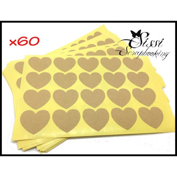 Maxi Lot 60 Stickers Autocollant Coeur Kraft Personnalisable 35mm - Photo n°1
