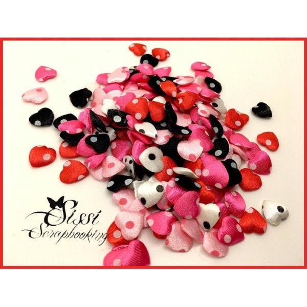 Lot De 10 Mini Coeurs Mickey Minnie A Pois Rouge Rose Blanc Noir Doucle Face Diy Satin Satine - Photo n°1