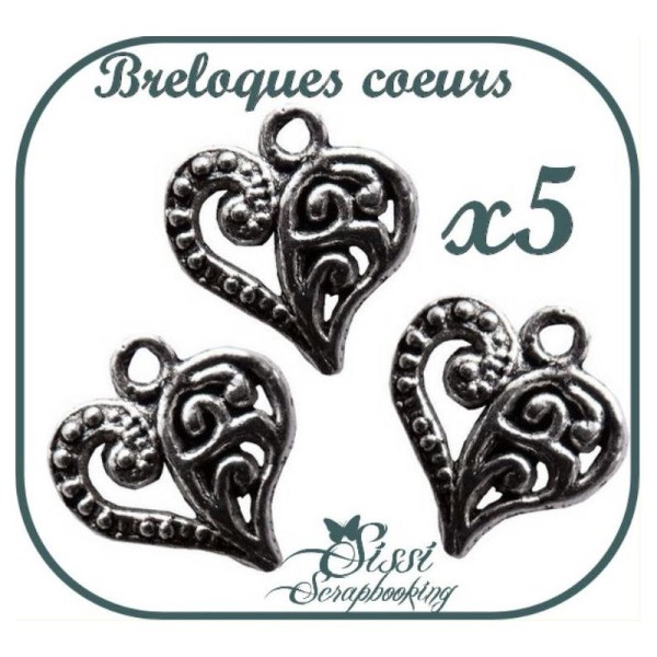 Lot 5 Breloques Coeurs Charms Bijoux Scrapbooking Amour 1.2 X 1.3 cm - Photo n°1