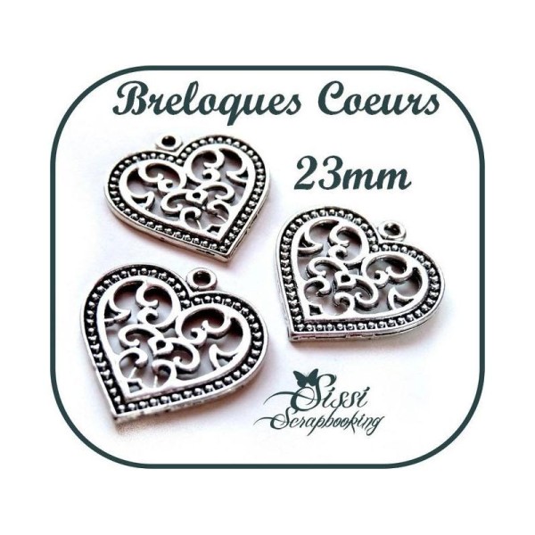 Lot 4 Breloques Coeurs Argente Charms Bijoux Scrapbooking Scrap Carte Amour 23mm - Photo n°1