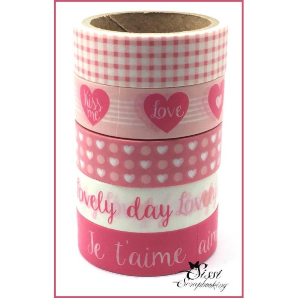 Maxi Lot Masking Tape (X5) Masking Tape Artemio Amour Lovely Coeur Rose Vichy Je T'Aime 5X15mm - Photo n°1