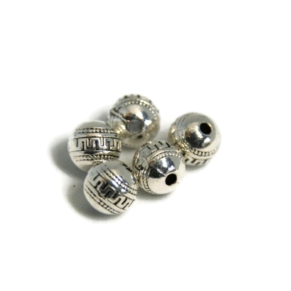 5 Perles Rondes massives ethniques gravées en métal argenté 8,5x9mm - Photo n°1