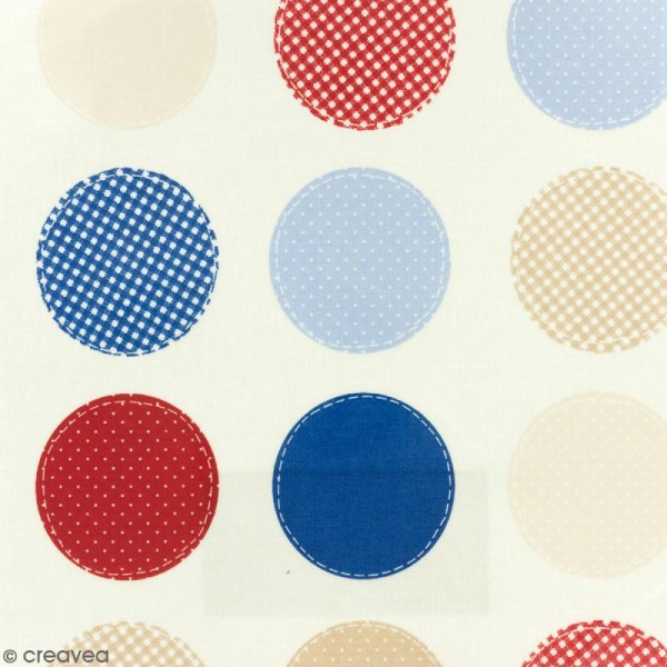 Tissu Fryett's Toile cirée - Ronds bleus, rouges, beiges - Fond clair - Par 10 cm (sur mesure) - Photo n°1