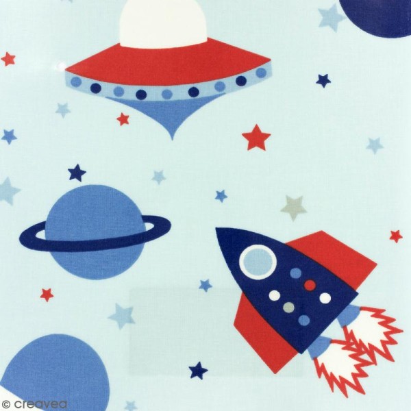 Tissu Fryett's Toile cirée - Fusées - Fond bleu ciel - Par 10 cm (sur mesure) - Photo n°1