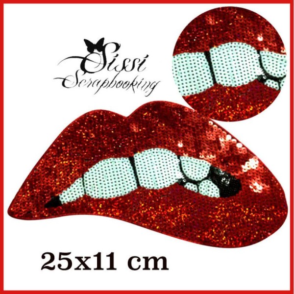 Maxi Ecusson Xxl Sequins Thermocollant Bouche Rolling Stones Rouge Noir Blanc  25X13cm - Photo n°1