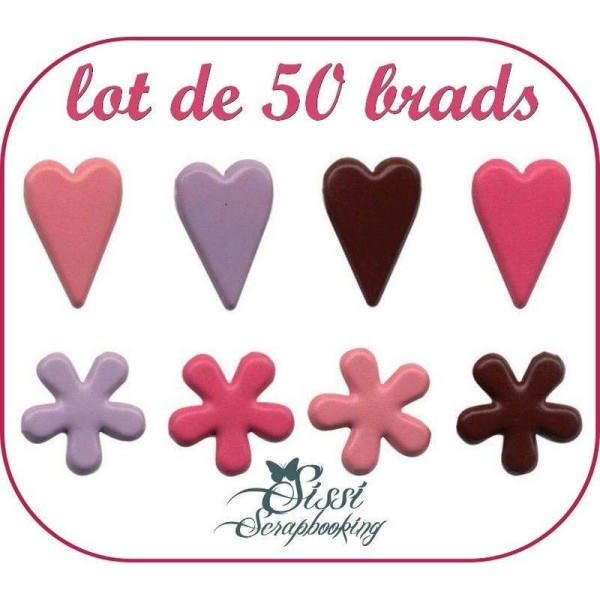 Lot 50 Brads Attache Parisienne Coeur Fleur Rose Violet Scrapbooking Scrap Carte 16 Et 12mm - Photo n°1