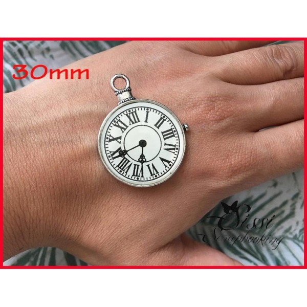1Maxi Charm Breloque Horloge Pendule Argente Scrap Scrapbooking Bijoux Carte 3cm - Photo n°1