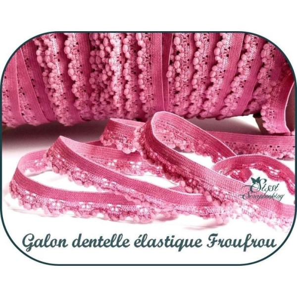Ruban Galon Dentelle Rose Fonceelastique Froufrou Pompon Couture Scrapbooking - Photo n°1