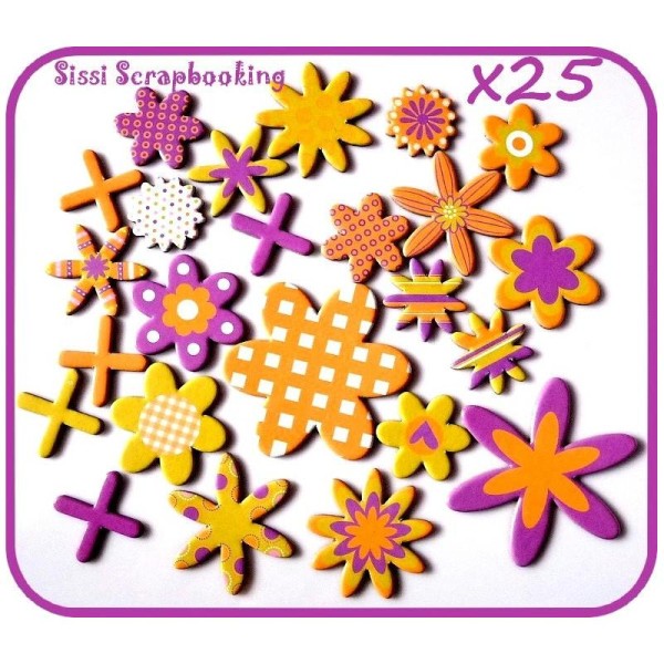 Lot 25 Chipboard Fleurs Pois Violet Orange Scrapbooking - Photo n°1