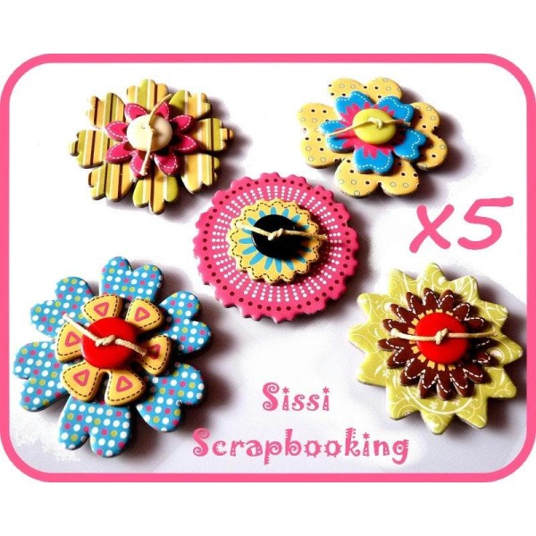 Lot 5 Chipboard Fleurs 3D Bouton Stickers Scrapbooking - Photo n°1