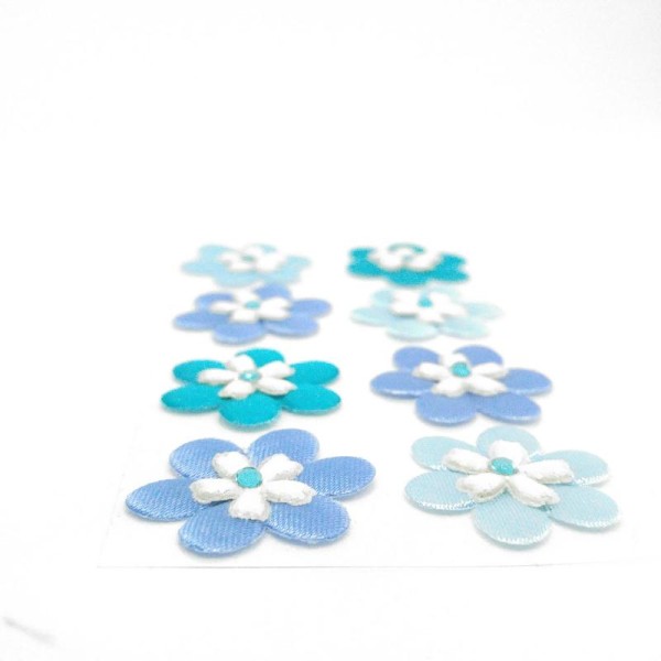 Planche de 8 stickers tissu fleurs à strass 55x108mm bleu et blanc pailleté - Photo n°1