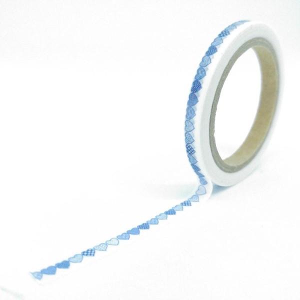Washi Tape slim coeurs motifs géométriques 6Mx5mm bleu et blanc - Photo n°1