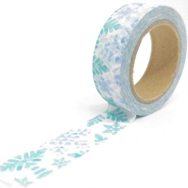 Washi Tape motifs feuilles flocons 10Mx15mm turquoise et bleu - Photo n°1