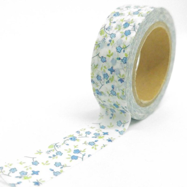Washi Tape motifs petites fleurs 10Mx15mm vert, blanc et bleu - Photo n°1