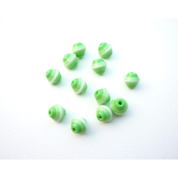 12 Perles Toupie Vertes Et Blanches Rayures En Acrylique 8  mm - Photo n°1