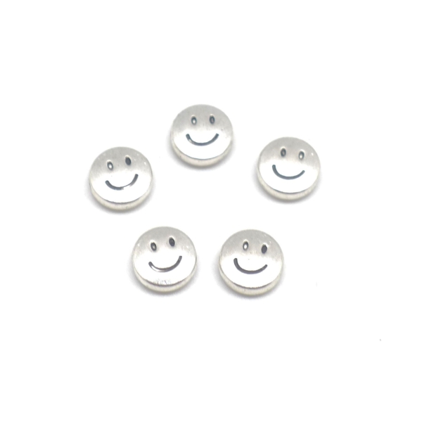 10 Perles En Métal Argenté Ronde Pastille Motif Smile Sourire 10mm - Photo n°2