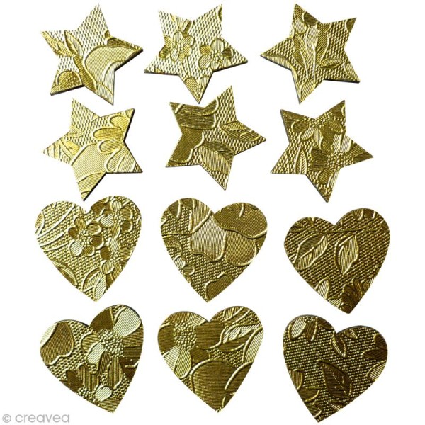 Coeur et étoile dorés en bois x 12 - Photo n°1