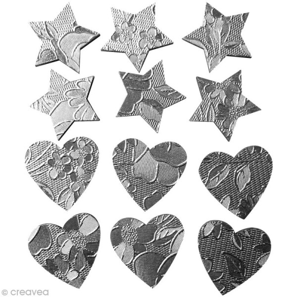 Coeur et étoile argentés en bois x 12 - Photo n°1