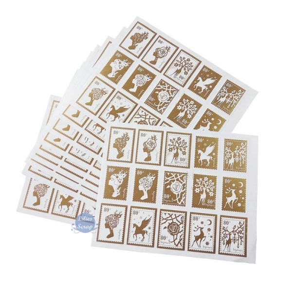 75 Stickers autocollants timbres vintage dorés - scrapbooking, carterie - Photo n°1