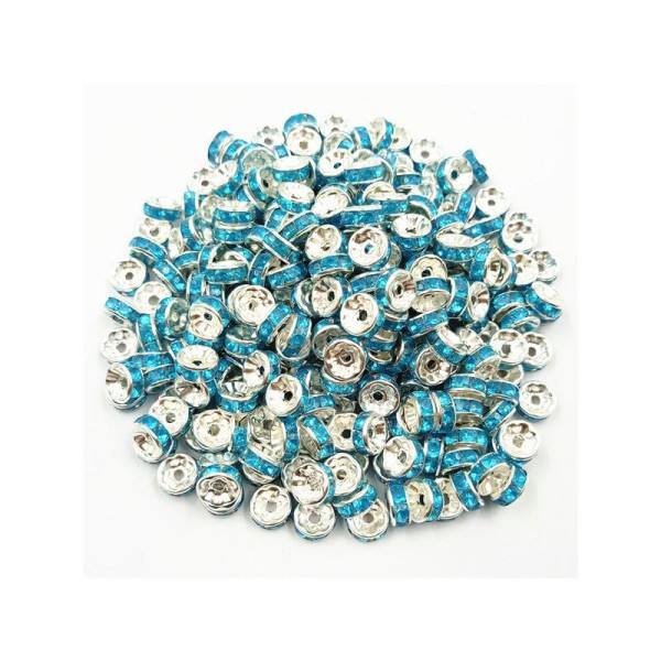20 Perles Rondelle strass Argenté 8mm Couleur Turquoise - Photo n°1