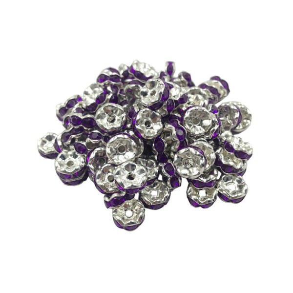 Lot 20 Perles Rondelle strass Argenté 8mm Couleur Violet - Photo n°1