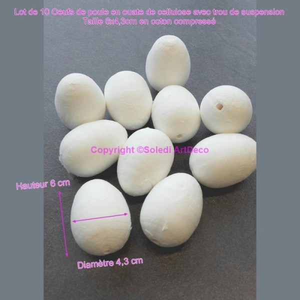 Lot de 10 Oeufs de poule 6cm en Ouate de cellulose avec trou de suspension, Taille 6x4,3cm en coton - Photo n°1