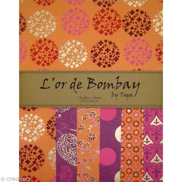 Papier l'Or de Bombay - Fuchsia / orange x 6 feuilles - Photo n°1