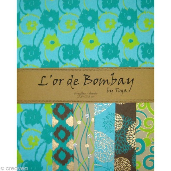 Papier l'Or de Bombay - Turquoise / brun / vert x 6 feuilles - Photo n°1