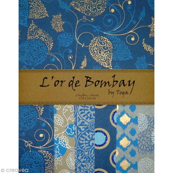Papier l'Or de Bombay - Bleu / or / kraft x 6 feuilles - Photo n°1