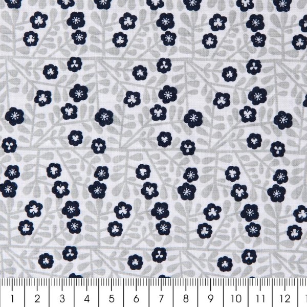 Coupon de tissu Toile coton Made by me - Feuilles grises et fleurs bleues - Fond blanc - 50 x 140 cm - Photo n°2
