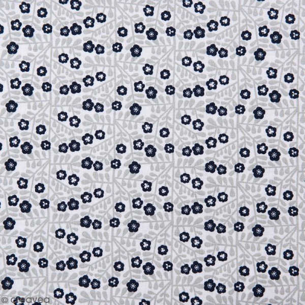 Coupon de tissu Toile coton Made by me - Feuilles grises et fleurs bleues - Fond blanc - 50 x 140 cm - Photo n°1