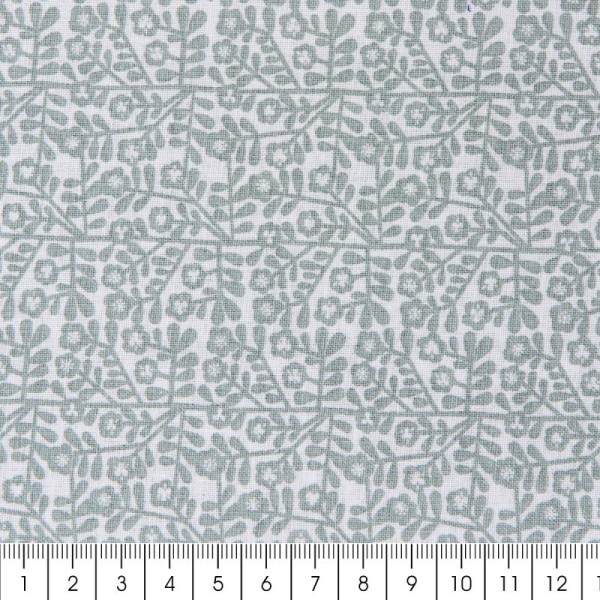 Coupon de tissu Toile coton Made by me - Fleurs gris vert - Fond blanc - 50 x 140 cm - Photo n°2