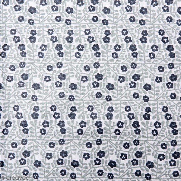 Coupon de tissu Toile cirée Made by me - Feuilles grises et fleurs bleues - Fond blanc - 25 x 70 cm - Photo n°1