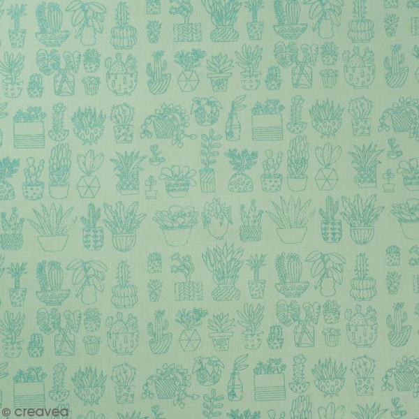 Coupon de tissu Toile coton Made by me - Cactus métallisés - Fond menthe - 50 x 140 cm - Photo n°1